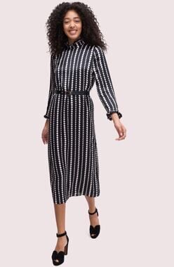 Kate Spade Pearl drops ruffle long sleeves, 100% silk midi belted dress size 2